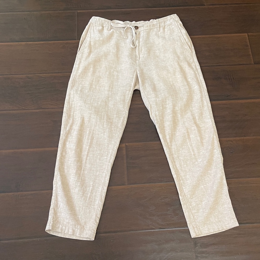 Giordano Women's Tan Linen Drawstring Elastic Waist Tapered Pants Sz Medium